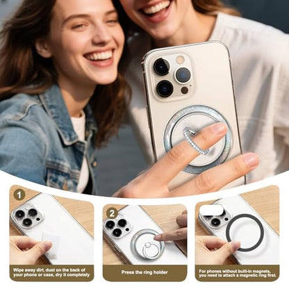 Silver Magnetic Phone Ring,Transparent Strong Magnet Phone Grip Holder,360°Adjustable & Removable Clear Glitter Laser Design Diamond Ring for Phones & Tablets - color: Clear Silver Glitter Diamond Laser