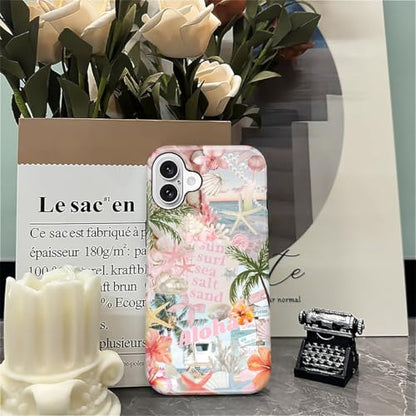 Case for iPhone 16 Plus, Cute Phone Case, Aloha Summer Collage | Hybrid 2-Layer Phone Cover，Military-Grade Protection Durable Shockproof Anti-Scratch Cases - color: Pink Aloha Summer Collage, size: Iphone 16 Plus