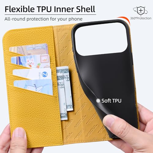 VISOUL Pebbled Leather Wallet Case for iPhone 17 Pro Max 6.9" 2025, Genuine Leather Flip Folio Cover with RFID Blocking Card Holders, Kickstand, Soft TPU Protective Flip Cover -Blue+Yellow - color: Blue+Yellow