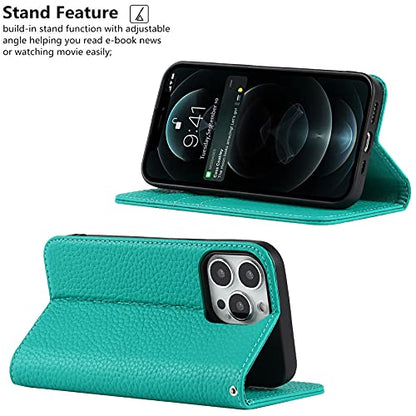 iCoverCase Compatible with iPhone 13 Pro Wallet Case with Credit Card Holder and Wrist Strap, RFID Blocking Genuine Leather Flip Magnetic Phone Cover 6.1 Inch (Blue-Green) - color: 1-Blue-Green (No Headphone Storage Belt), size: iPhone 13 Pro