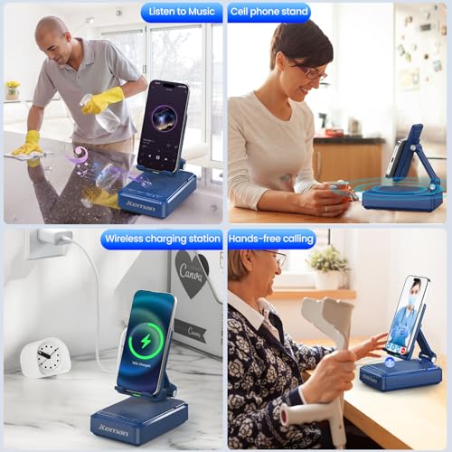 Jteman Cell Phone Stand with Bluetooth Speaker and Wireless Charger - color: Blue