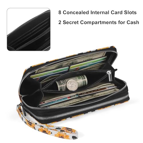 RFID Wallet with Phone Pocket for Women - Double Zipper Wristlet Purse Large Capacity, 17 Card Slots, Coin Pocket, Cow Sunflower - color: Cow Sunflower
