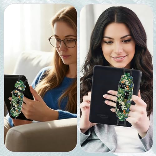 Secure Hand Strap for 6-7.5" Kindle and Tablets, Versatile Lightweight Faux Leather E-Book Grip Holder, Heavy-Duty E-Book Accessories for Reading Lover Gift (Cat and Flowers) - color: Cat and Flowers