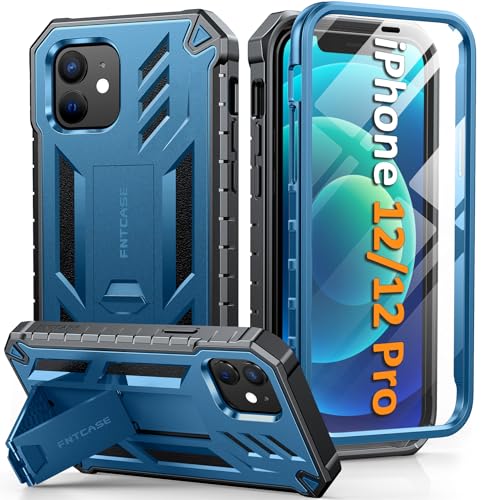 FNTCASE for iPhone 12 Case with Built-in Screen Protector and Kickstand | 20FT Military-Grade Drop Protection, Anti-Slip Matte Textured, Rugged Heavy Duty Shockproof TPU Protective Phone Cover - color: Blue