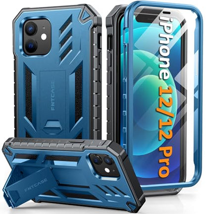 FNTCASE for iPhone 12 Case with Built-in Screen Protector and Kickstand | 20FT Military-Grade Drop Protection, Anti-Slip Matte Textured, Rugged Heavy Duty Shockproof TPU Protective Phone Cover - color: Blue
