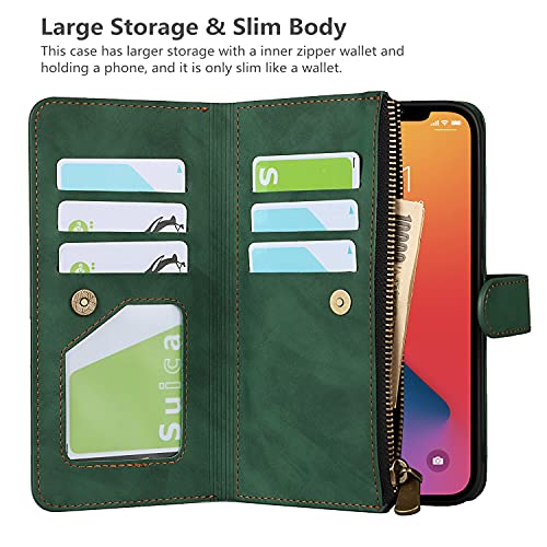 iCoverCase Compatible with iPhone 13 Wallet Phone Case with Card Holder, PU Leather Zipper Pocket Magnetic Detachable Flip Case with Wrist Strap (Green) - color: Detachable--Green