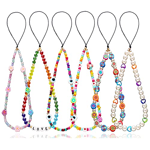 6PCS Beaded Phone Charms Strap Fruit Star Faux Pearl Rainbow Beads Phone Chains Beaded Lanyard for Camera Key Wallet Valentines Day Gifts for Her Women - style: Style6-3