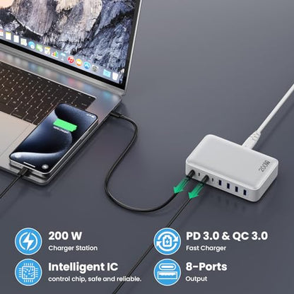 USB C Charger 200W USB C Charger Block,Upgraded GaN III 8-Port Fast Charging Station Hub,PD 65W Laptop Charging Adapter Compatible with MacBook Pro/Air,DELL,Steam Deck,iPhone 16/15/14,Galaxy S23/22 - color: A-White, size: 200W