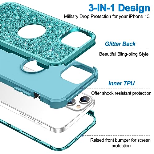 Hython Case for iPhone 13 Case Glitter, Cute Sparkly Shiny Bling Sparkle Cover, Heavy Duty 3 in 1 Hybrid Hard PC Soft TPU Bumper Full Body Shockproof Protective Phone Cases for Women Girls, Teal - color: Teal