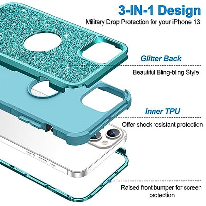 Hython Case for iPhone 13 Case Glitter, Cute Sparkly Shiny Bling Sparkle Cover, Heavy Duty 3 in 1 Hybrid Hard PC Soft TPU Bumper Full Body Shockproof Protective Phone Cases for Women Girls, Teal - color: Teal