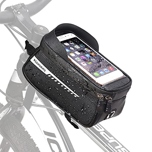 ENGWE Bike Front Frame Bag, Waterproof Bike Phone Holder Mountain Bicycle Handlebar Pouch Cycling Storage Bag with TPU Touch-Screen Sun-Visor Rain Cover for Phones under 6.5”
