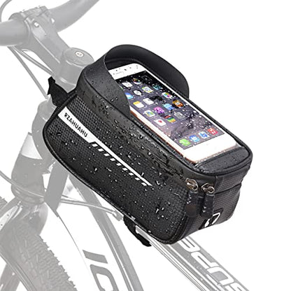 ENGWE Bike Front Frame Bag, Waterproof Bike Phone Holder Mountain Bicycle Handlebar Pouch Cycling Storage Bag with TPU Touch-Screen Sun-Visor Rain Cover for Phones under 6.5”