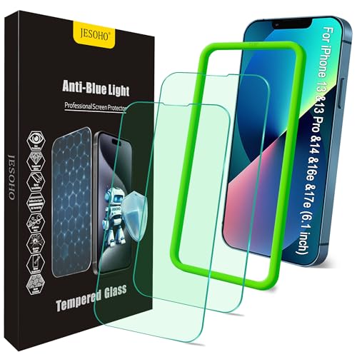 JESOHO Blue Light Screen Protector for iPhone 13/13 Pro/14/16e/17e 6.1 inch | 2 Pack Blue Light Blocking Tempered Glass Film, Eye Protection, Case Friendly, No Bubble,with Easy Installation Kit - size: iPhone 14 & iPhone 13/13 Pro (6.1 inches)