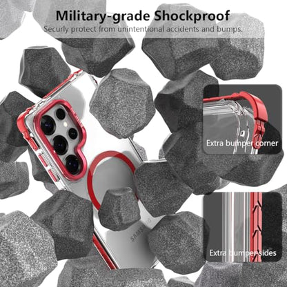 Nvollnoe for Samsung S25 Ultra Case Compatible with MagSafe Military Grade Shockproof Heavy Duty Protective Adjustable Kickstand Ultra Clear Magnetic Phone Case for Samsung S25 Ultra(Red) - color: Clear-Red