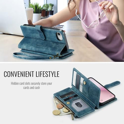 Compatible with iPhone 16e/17e Wallet Case,with Card Holder Kickstand Magnetic Zipper Pocket Lanyard Strap Wristlet,Leather Flip Case Wallet for iPhone 16e/17e 6.1 Inch(Blue) - color: Blue, size: iPhone 16E/17E 6.1 Inch