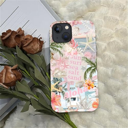 Case for iPhone 13 14, Cute Phone Case, Aloha Summer Collage | Hybrid 2-Layer Phone Cover，Military-Grade Protection Durable Shockproof Anti-Scratch Cases - color: Pink Aloha Summer Collage, size: Iphone 13/14