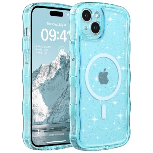 FABSPARK Glitter Case for iPhone 13/14,Fit for MagSafe,Blue | Magnetic Curly Wavy Frame | Sparkly Bling Glitter | Transparent Clear Acrylic Hard PC for iPhone 14/13,Blue - color: Glitter Clear Blue, size: for iPhone 13/14