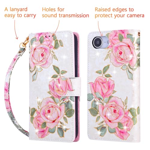 UEEBAI Wallet Case for iPhone 17e/iPhone 16e, PU Leather Phone Cover Kickstand RFID Blocking Flip Case Card Slots Wrist Strap Relief Engraved Pattern Magnetic Closure Flower Folio Wallet, White Rose - color: White Rose, size: iPhone 17e/16e