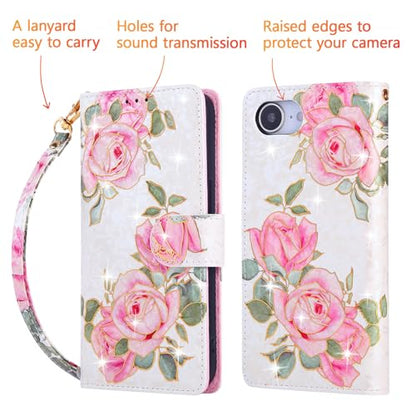 UEEBAI Wallet Case for iPhone 17e/iPhone 16e, PU Leather Phone Cover Kickstand RFID Blocking Flip Case Card Slots Wrist Strap Relief Engraved Pattern Magnetic Closure Flower Folio Wallet, White Rose - color: White Rose, size: iPhone 17e/16e