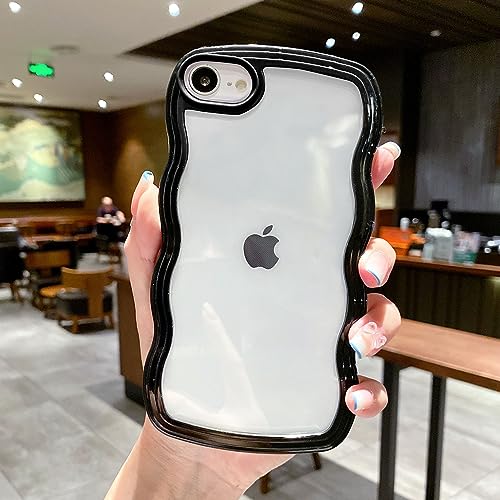 QLTYPRI Cute Wavy Case for iPhone 7/8/SE Clear Phone Case, Black | Aesthetic Curly Frame Shape Transparent TPU Phone Case for Girls Women, Soft Silicone TPU Bumper Shockproof Protective Cover - color: Black, size: iPhone 7/8/SE