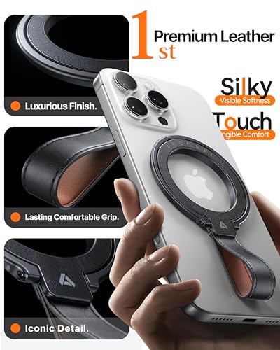 andobil 2026 Premium Leather Magnetic Phone Grip Holder for MagSafe, Stable - color: dark black