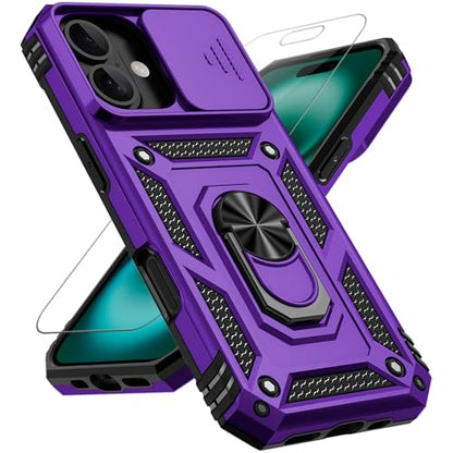 for iPhone 17 Case, with Slide Camera Cover HD Screen Protector [Military Grade 16ft. Drop Tested] Ring Holder Kickstand Protective Phone Case for Apple iPhone 17, Purple - color: Purple w/ Slide Camera 2nd gen. Military Grade