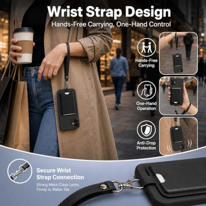 MagSafe Wallet with Wrist Strap, 3 Card Holder with RFID Blocking, MagSafe Sticker Included, Slim Magnetic Phone Wallet for iPhone 17e/17/16/15/14/13/12 Series and Selected Samsung Devices - color: Black