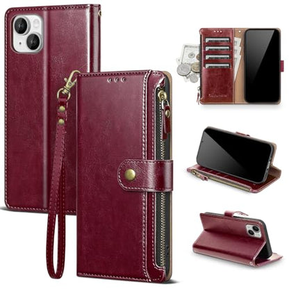 Compatible with iPhone 13 Wallet Case with Card Holder RFID Blocking Zipper Poket PU Leather Flip Phone Case with Wrist Strap Credit Card Slots Men Women,for Apple 13 6.1",Wine Red - color: Wine Red, size: iPhone 13 - 6.1"
