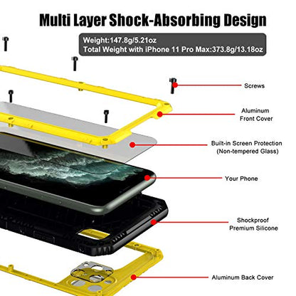 Beasyjoy for iPhone 11 Pro Max Case Waterproof Metal Case Heavy Duty Built-in Screen Full Body Protective Shockproof Military Grade Yellow - color: Yellow, size: iPhone 11 Pro Max