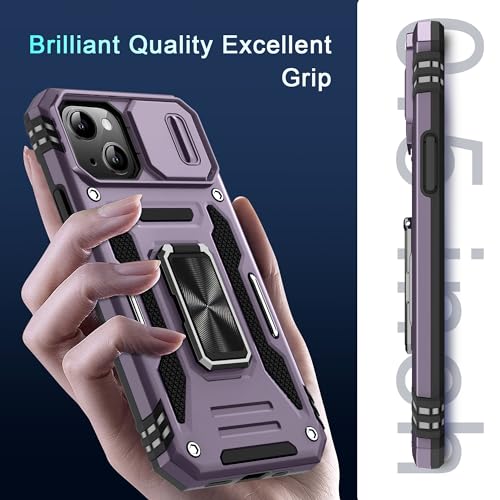 DEERLAMN Case for iPhone 15 with Slide Camera Cover + Screen Protector (2 Packs), Rotated Ring Kickstand Military Grade Shockproof Protective Cover-Deep Purple - color: Deep Purple