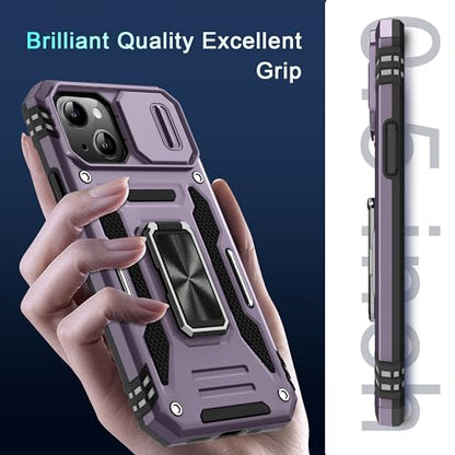 DEERLAMN Case for iPhone 15 with Slide Camera Cover + Screen Protector (2 Packs), Rotated Ring Kickstand Military Grade Shockproof Protective Cover-Deep Purple - color: Deep Purple