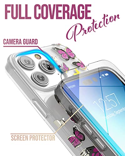 ENCASED Bando Series Designed for iPhone 14 PRO MAX Case with Hand Strap Loop and Screen Protector (Clear/Pink Butterfly) - color: Pink Butterfly