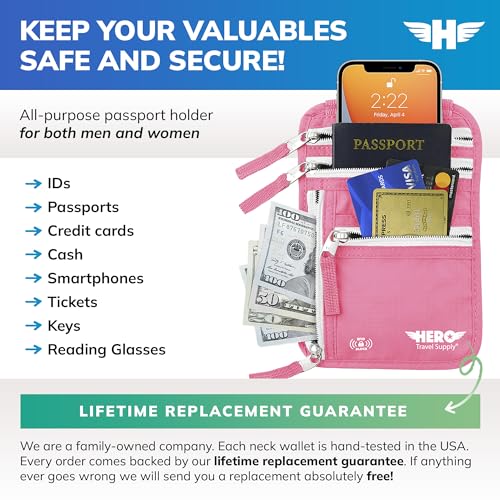 HERO Neck Wallet - RFID Blocking Passport Holder, Easy to Conceal Travel Pouch (Hot Pink) - color: Hot Pink