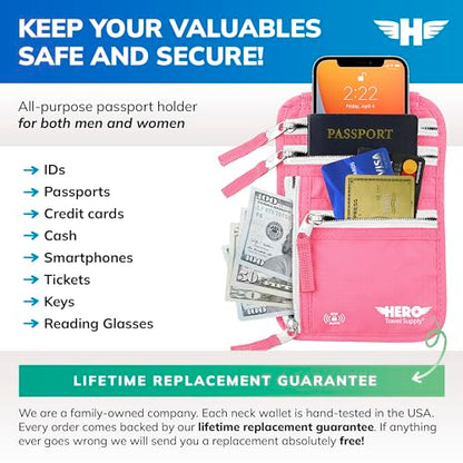 HERO Neck Wallet - RFID Blocking Passport Holder, Easy to Conceal Travel Pouch (Hot Pink) - color: Hot Pink