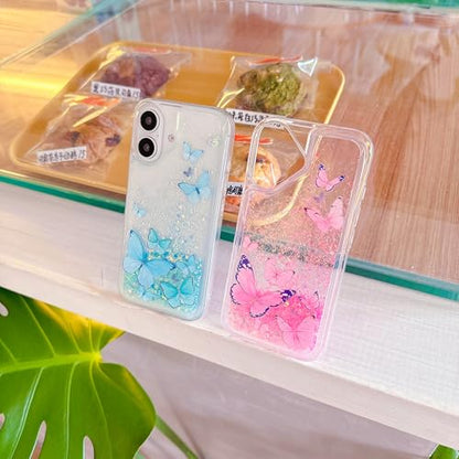 Compatible with iPhone 17 Pro Glitter Butterfly Case Glow in The Dark Women Girls Girly Bling Sparkle Flowing Quicksand Light up Soft TPU Bumper Luminous Clear Phone Cover, Purple - color: Pink, size: iPhone 17