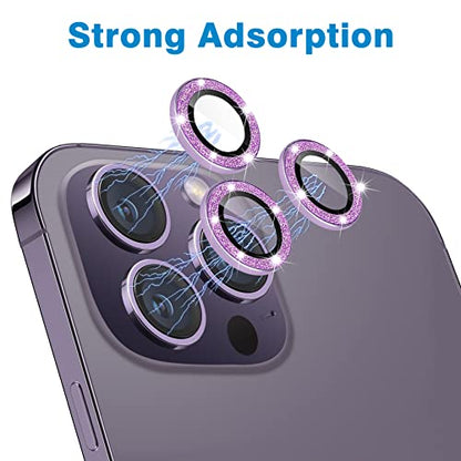 Compatible with iPhone 14 Pro and 14 Pro Max Camera Lens Protector, Bling Glitter Lens Cover 9H Tempered Glass Camera Cover Anti Scratch Lens Screen Protector - 3PCS Deep Purple - color: Glitter Deep Purple