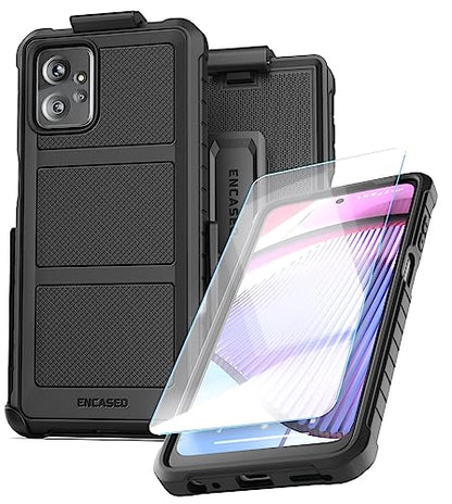 Encased Rugged Belt Case for Moto G Power 5G 2023, Full Body Protective Case with Tempered Screen Protector and Holster Clip (Black) - size: 2023