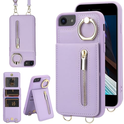 Crossbody Wallet Case for iPhone 7/8/SE 2020/SE 2022 with Lanyard Strap Card Slot Holder RFID Blocking Kickstand,Magnetic Flip Folio Zipper Purse Case, PU Leather Cover Handbag,Purple - color: Purple, size: iPhone 7/8/SE 2020/SE 2022(4.7")