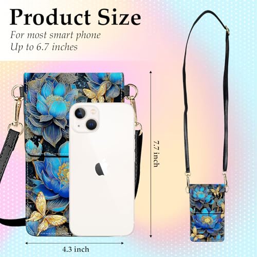 Small Crossbody Bags for Women Touchscreen Cell Phone Bag Cross Body Purses with adjustable Strap,Gifts For Teenage Girls - color: Blue Lotus Flower