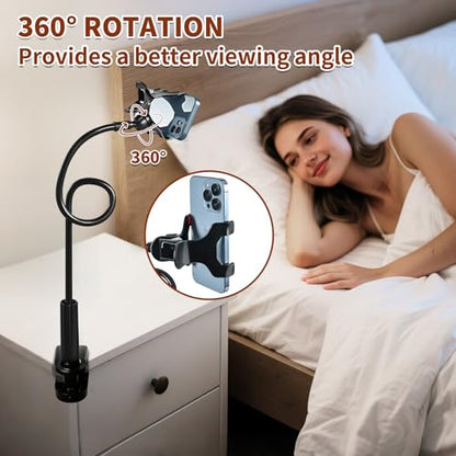 Gooseneck Phone Holder for Bed - Cell Phone Mount Clamp Clip, 360° Flexible Arm, Compatible with iPhone 17 16 15 14 13 12 11 Pro Max Xs Xr X8, Overhead Mount for Desk Phone Holder for 4–7" Smartphones - color: Clamp Mount