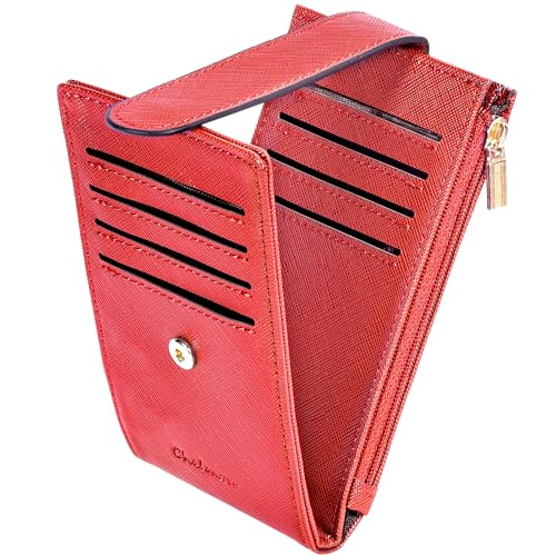 Chelmon Women's RFID Slim Card Holder Wallet | Thin Bifold Multi Card Case with Zipper Coin Pocket Purse for Women(Red) - color: Red