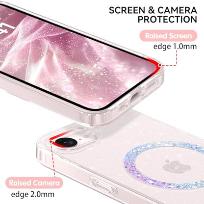 DUEDUE for iPhone 17E/16E Case Magnetic[Compatible with MagSafe], Clear Glitter Anti-Yellowing Bling Sparkle Transparent Phone Case for iPhone 17E/16E 6.1", Clear/Glitter