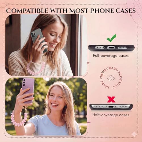 Heart Beaded Phone Wristlet | Phone Wrist Strap With Tether Tab | Cute Accessory for Phone, AirPods, Bag, Keys, Camera - color: Cloud Pink