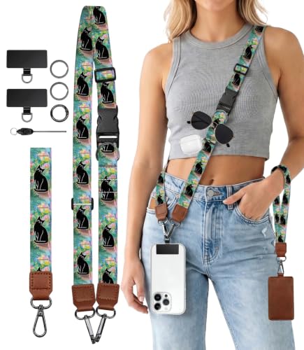 Black Cat Art Painting Phone Lanyard Crossbody Wrist Strap Women - color: Black Cat Art Painting