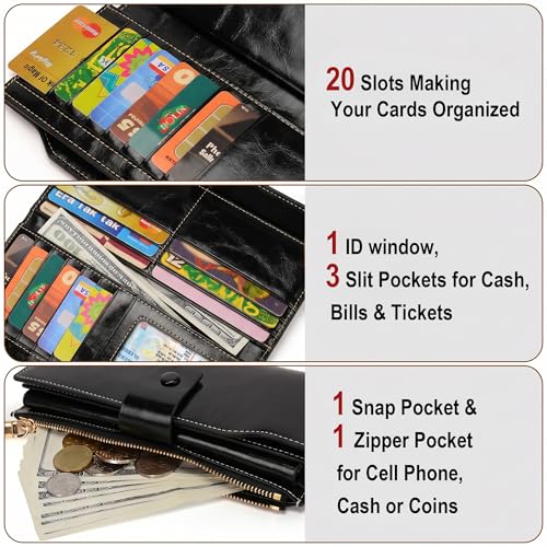 YALUXE Women's Real Leather Wallet RFID Protect 21 Card Slots Phone Pocket - color: 3- Waxed Black, size: Genuine Leather