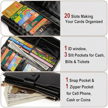 YALUXE Women's Real Leather Wallet RFID Protect 21 Card Slots Phone Pocket - color: 3- Waxed Black, size: Genuine Leather