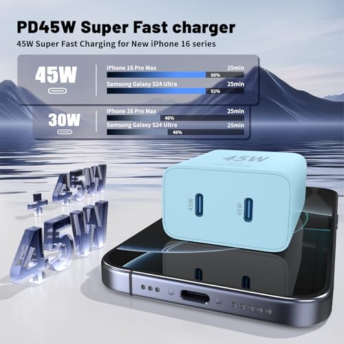 QZIIW iPhone 17 16 15 Pro Max Fast Charger,45W Dual Port USB C Fast Charger - color: Blue, size: 3FT+6FT+10FT+10FT