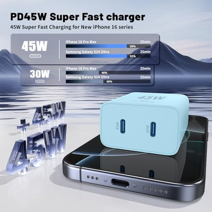 QZIIW iPhone 17 16 15 Pro Max Fast Charger,45W Dual Port USB C Fast Charger - color: Blue, size: 3FT+6FT+10FT+10FT