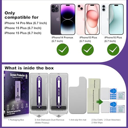 2-Pack Matte Privacy Screen Protector for iPhone 14 Pro Max/15 Plus/16 Plus,Anti-Glare & 25°Anti-Spy,Anti-Reflection,Anti-Fingerprint,Auto Dust Removal,Easy Installation - size: iPhone 14 Pro Max/15 Plus/16 Plus