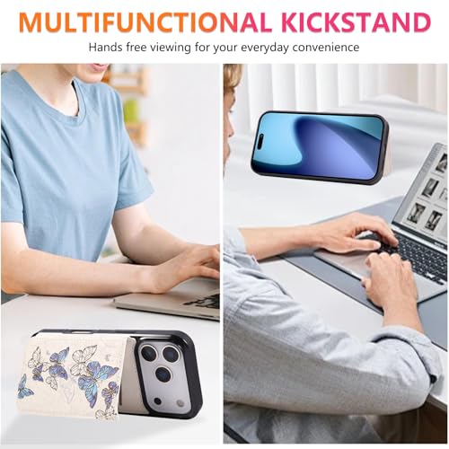UEEBAI Wallet Case for iPhone 17 Pro Max with Card Holders, PU Leather Floral Cover Kickstand RFID Blocking Double Magnetic Clasp Rilievo Flower Flip Case for Women Girls - Blue Butterfly | PU Leather Cover, Kickstand, RFID Blocking, Double Magnetic Clasp
